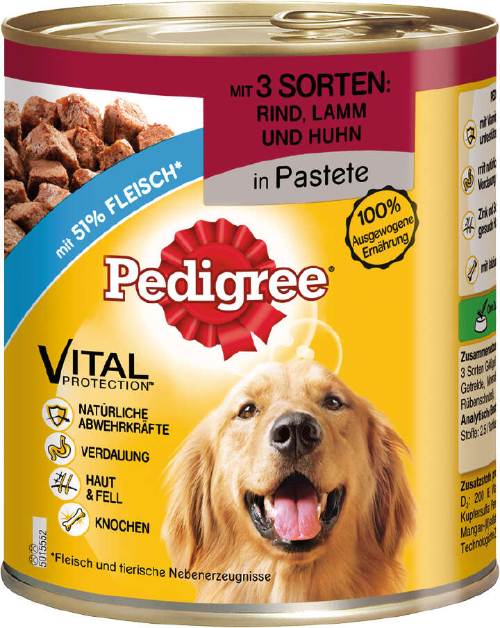 Pedigree Hunde-Nassfutter 3 Sorten Rind, Lamm, Huhn in Pastete
